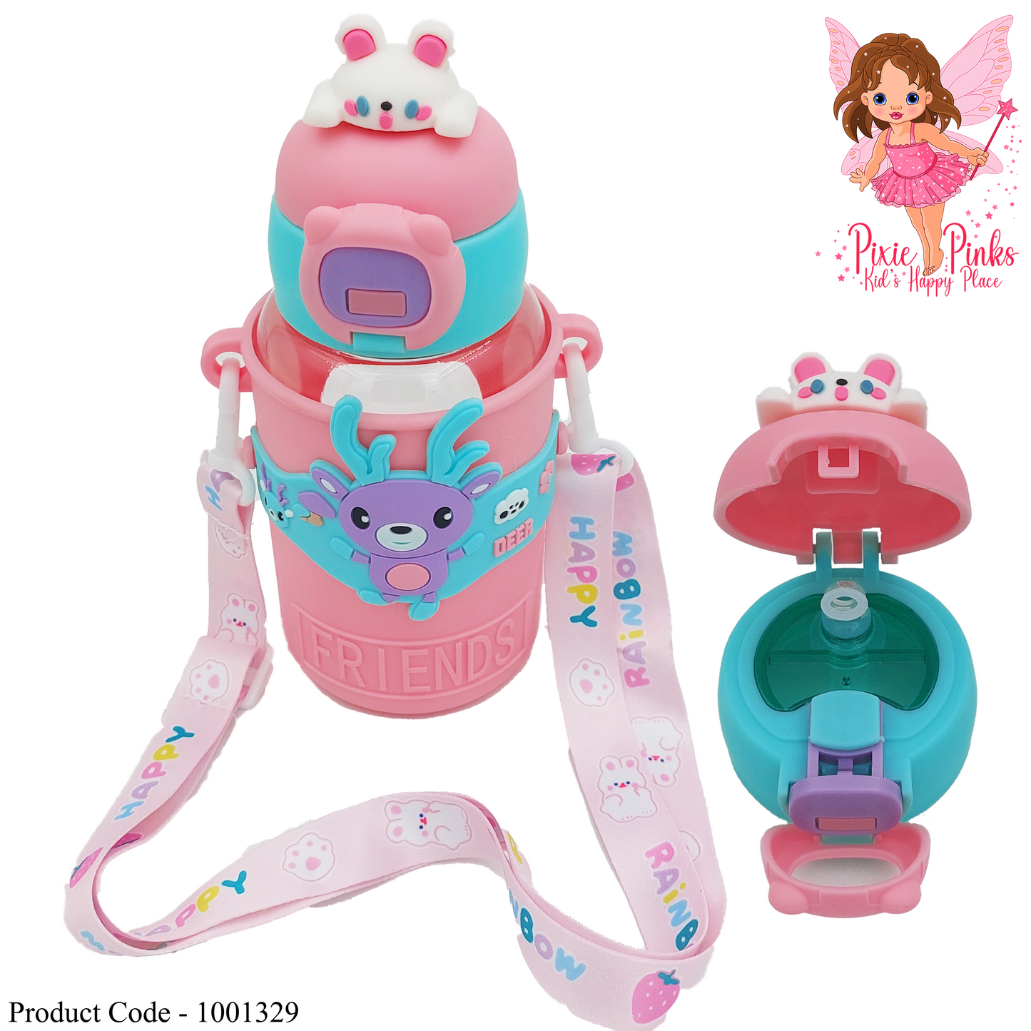 Kids Water Bottle with Bunny Cap - Pink