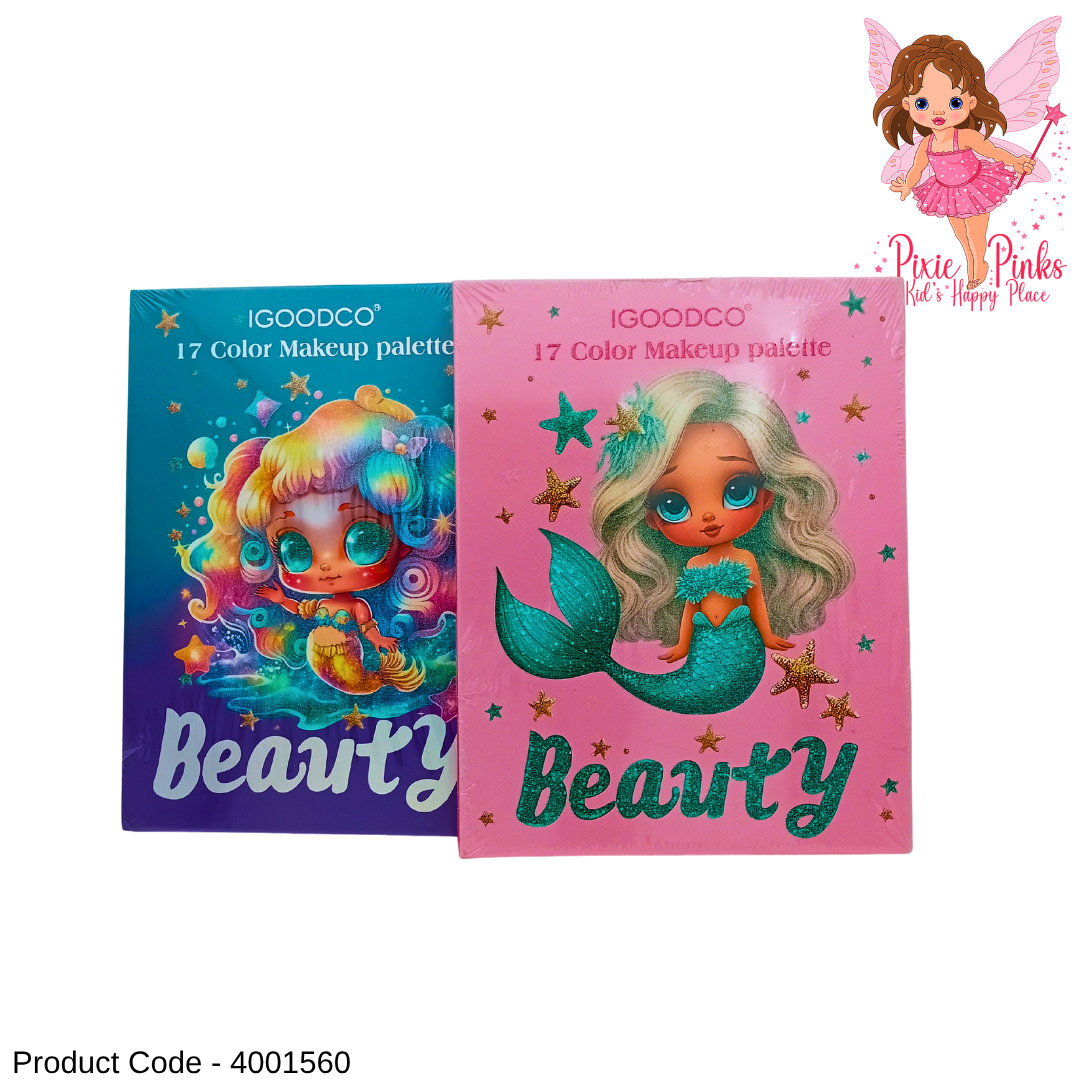 PixiePinks 17-Color Kids Beauty Makeup Palette – Fun Mermaid Theme Cosmetic Set for Girls