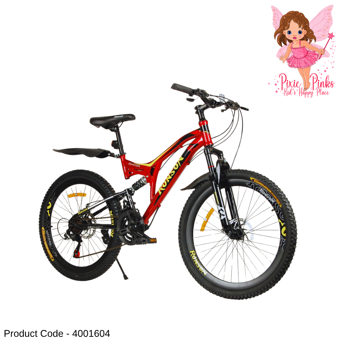 PixiePinks 26” MTB Mountain Bike for Boys – Double Shox, Dual Disc Brakes & 21-Speed Shimano Type Gear – Red V-Rim Cycle