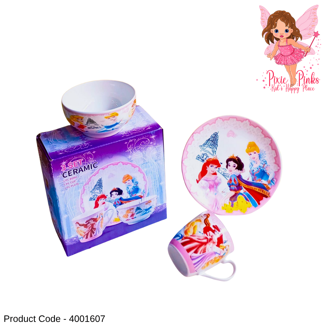 🍽️ Princess 3-Piece Ceramic Dinner Set for Kids Girls – Plate, Bowl & Cup ✨👑 Description (SEO Optimized):