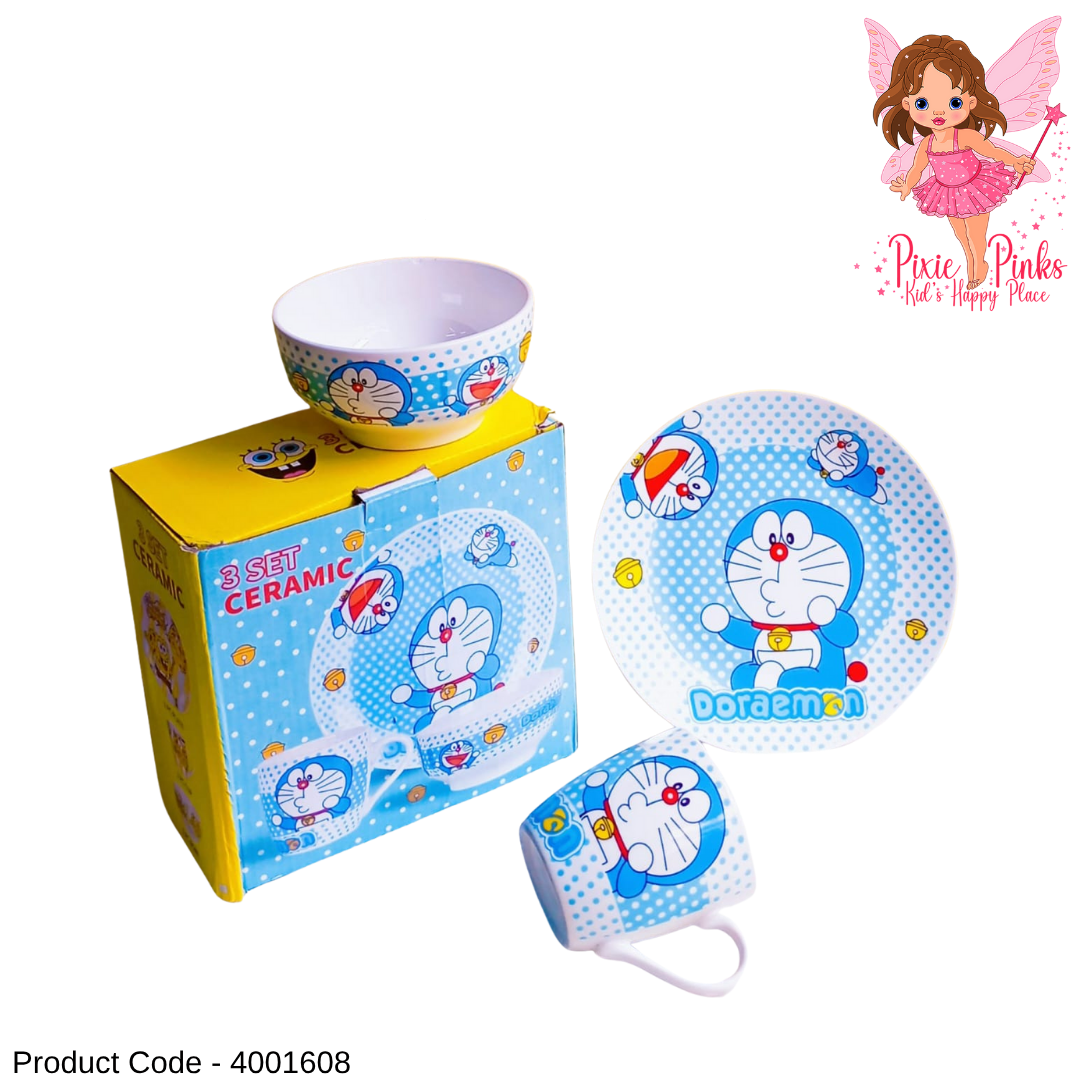 🍽️ Doraemon 3-Piece Ceramic Dinner Set for Kids – Plate, Bowl & Cup ✨💙