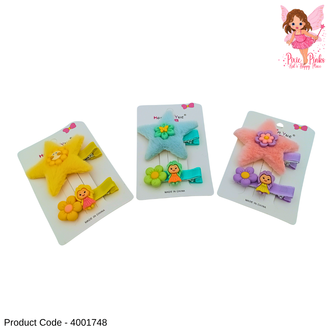 2-in-1 Star Hair Clips Set for Girls | Soft Plush Star & Cute Character Clip | Lovely Kids Hair Accessories