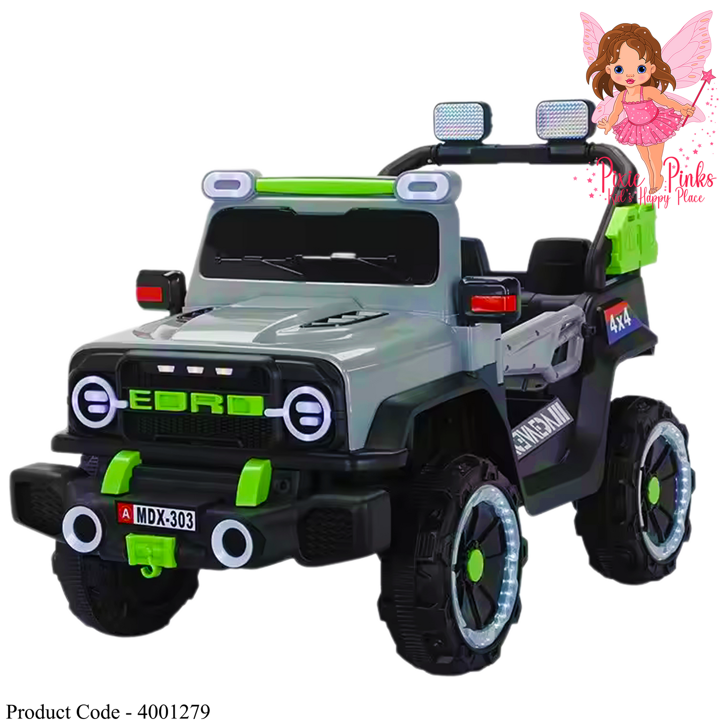 MDX303 12V Kids Electric 4x4 Ride-On Jeep with Remote Control & LED Lights – Grey-Green