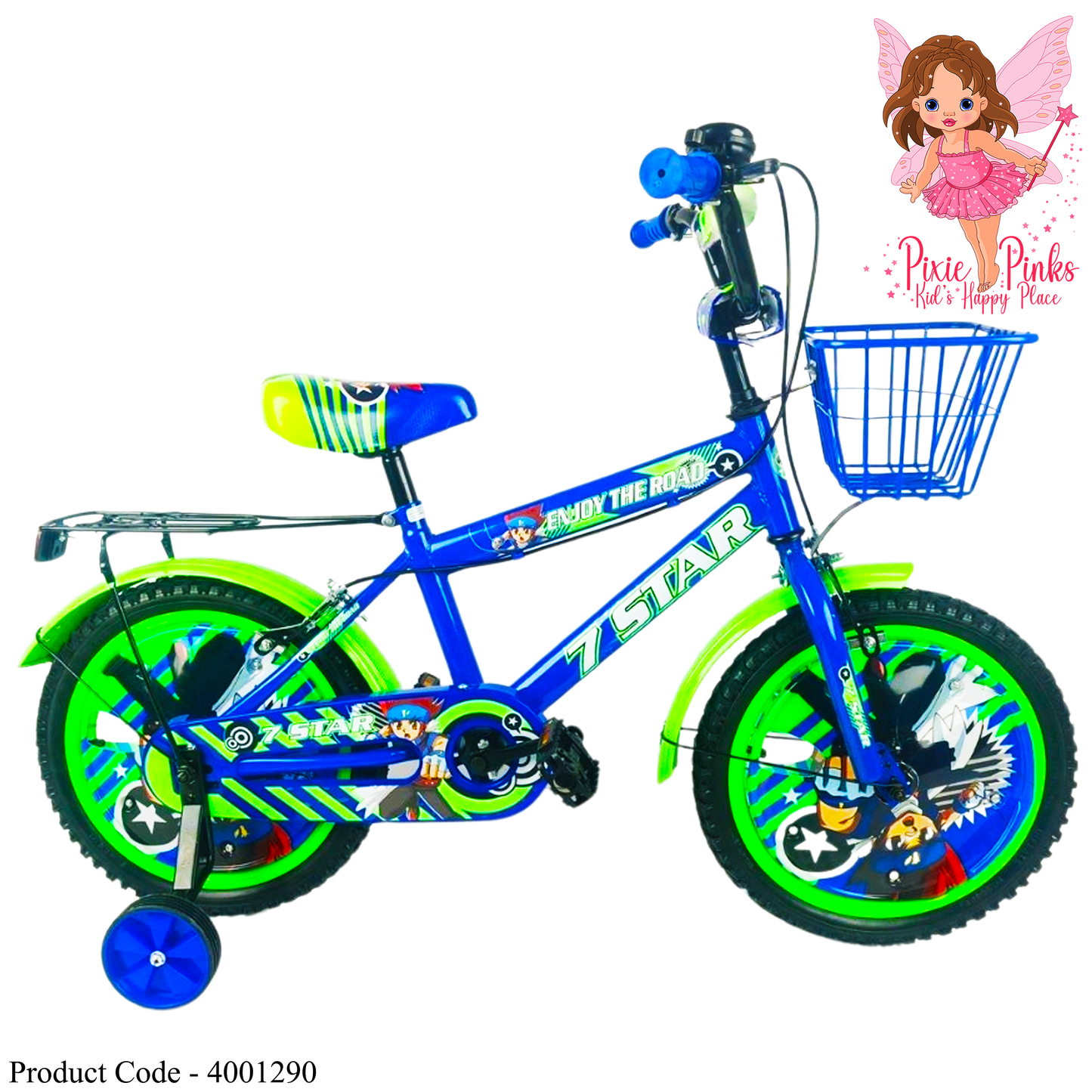 7 Star Neon Racer Kids Bicycle 16” – Blue and Green with Training Wheels and Basket