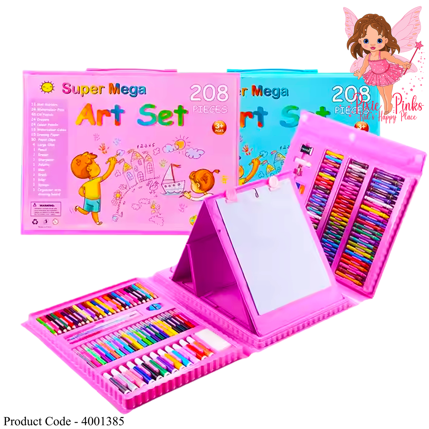 PixiePinks® Super Mega 208-Piece Art Set with Easel – Creative Drawing & Coloring Kit for Kids (Ages 3+)