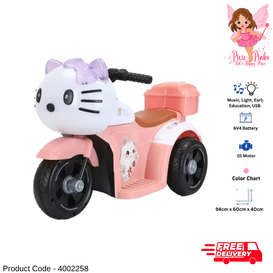 Cute Kitty Kids Electric Scooter for Girls – Music, Lights, USB, 6V Battery Ride-On Bike