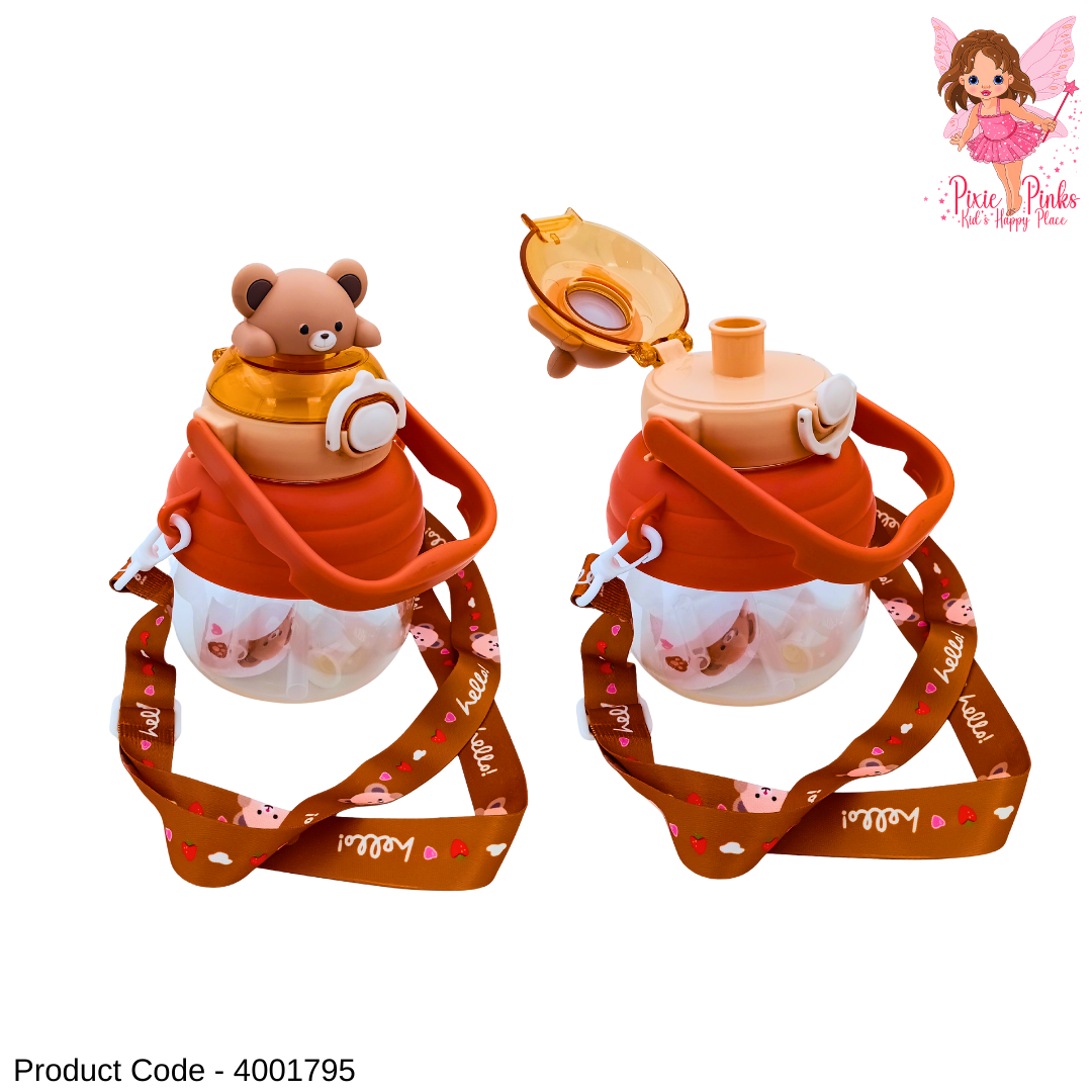 Cute Browny Bear Kids Water Bottle with Straw & Mouth Sip | Leak-Proof, Portable & Easy Carry