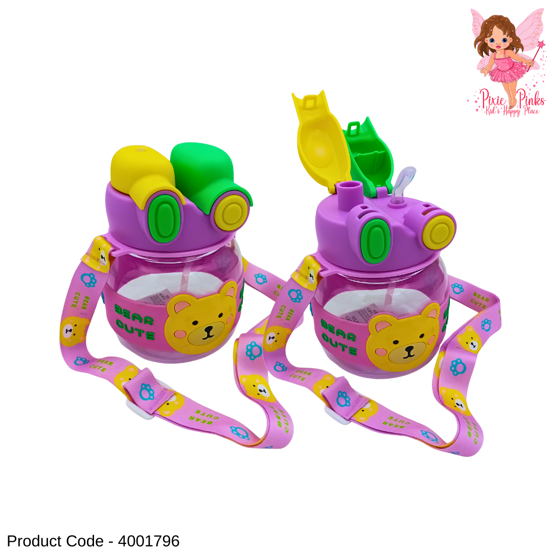 Cute Bear Kids Drinking Bottle – Dual Drinking Mode (Straw & Mouth), Spill-Safe, Easy-Carry Strap | BPA-Free Water Bottle for School & Travel
