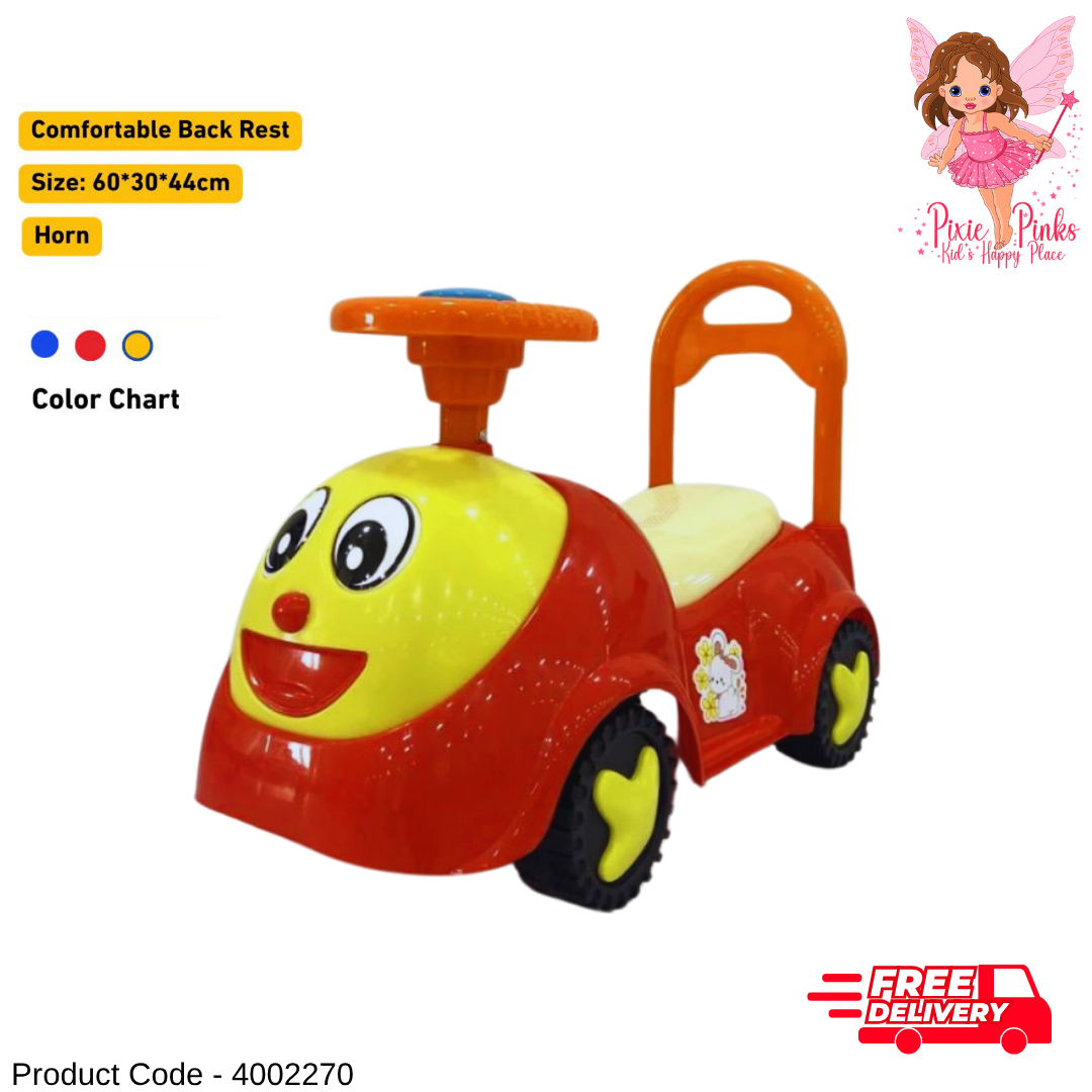 Kids Yellow Mellow Ride-On Car – Baby Push Car with Comfortable Back Rest, Horn & Smooth Wheels