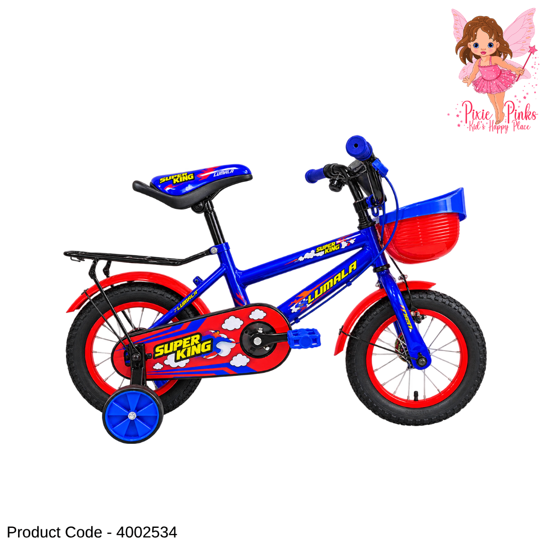 Lumala Super King 12-Inch Kids Bicycle – Blue & Red Steel Frame Bike with Training Wheels & Basket