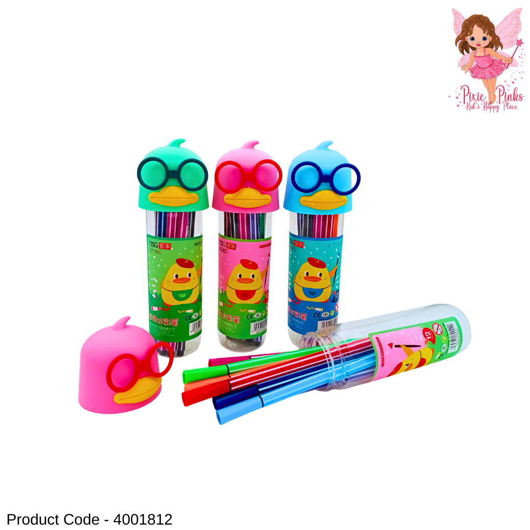 Mr. Duck 12-Colour Platignum Set – Vibrant Colour Pens for Kids | Cute Duck Cap Pencil Case Tube