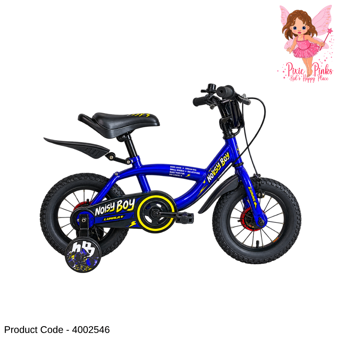 Lumala Noisy Boy 12-Inch Kids Bicycle – Blue Steel Frame Bike with Training Wheels, Dual Drum Brakes & Full Chain Cover