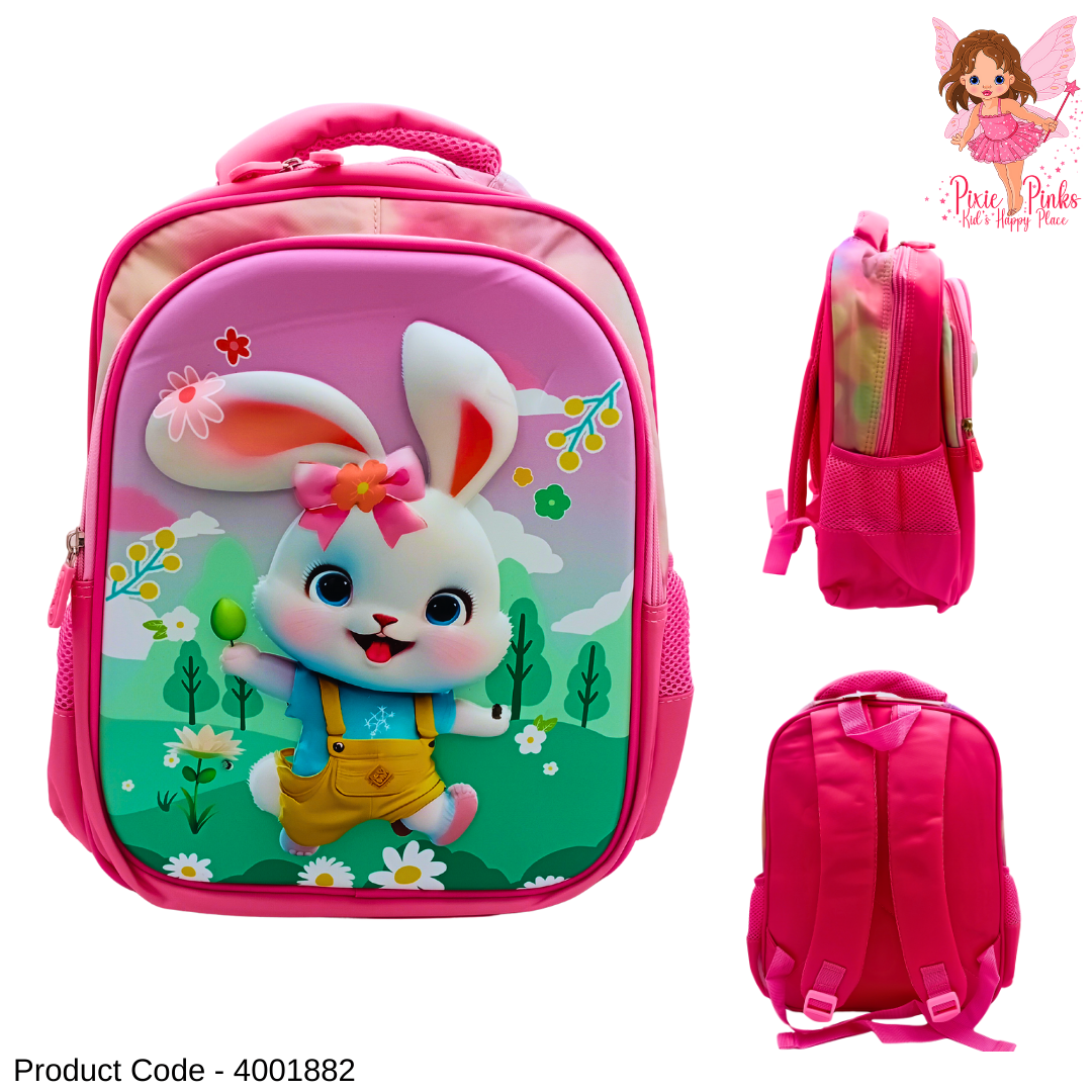 Pinky Bunny 3D Kids School Bag for Grade 1–2 | Cute Cartoon Backpack with 2 Compartments (35cm)