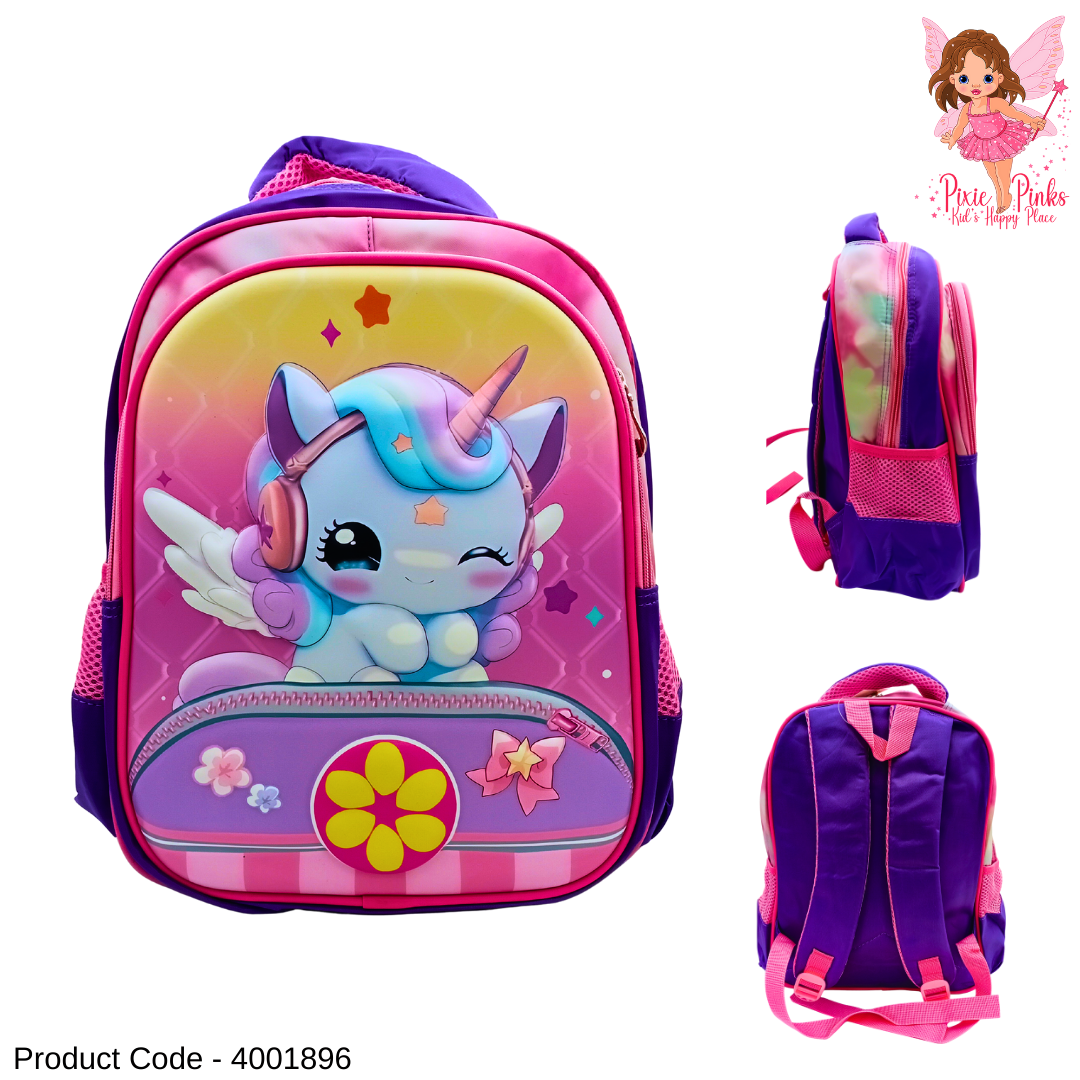 Purple Unicorn 3D Kids School Bag for Grade 1–2 | Cute Cartoon Backpack with 2 Compartments (35cm)