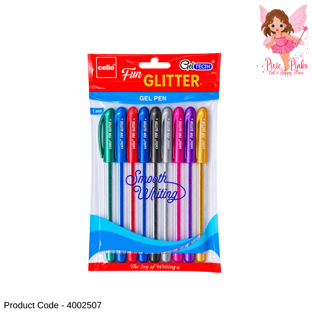 Cello Fun Glitter Gel Pens 10PCS Pack โ 1mm Colourful Glitter Pens for Writing, Drawing & Crafting