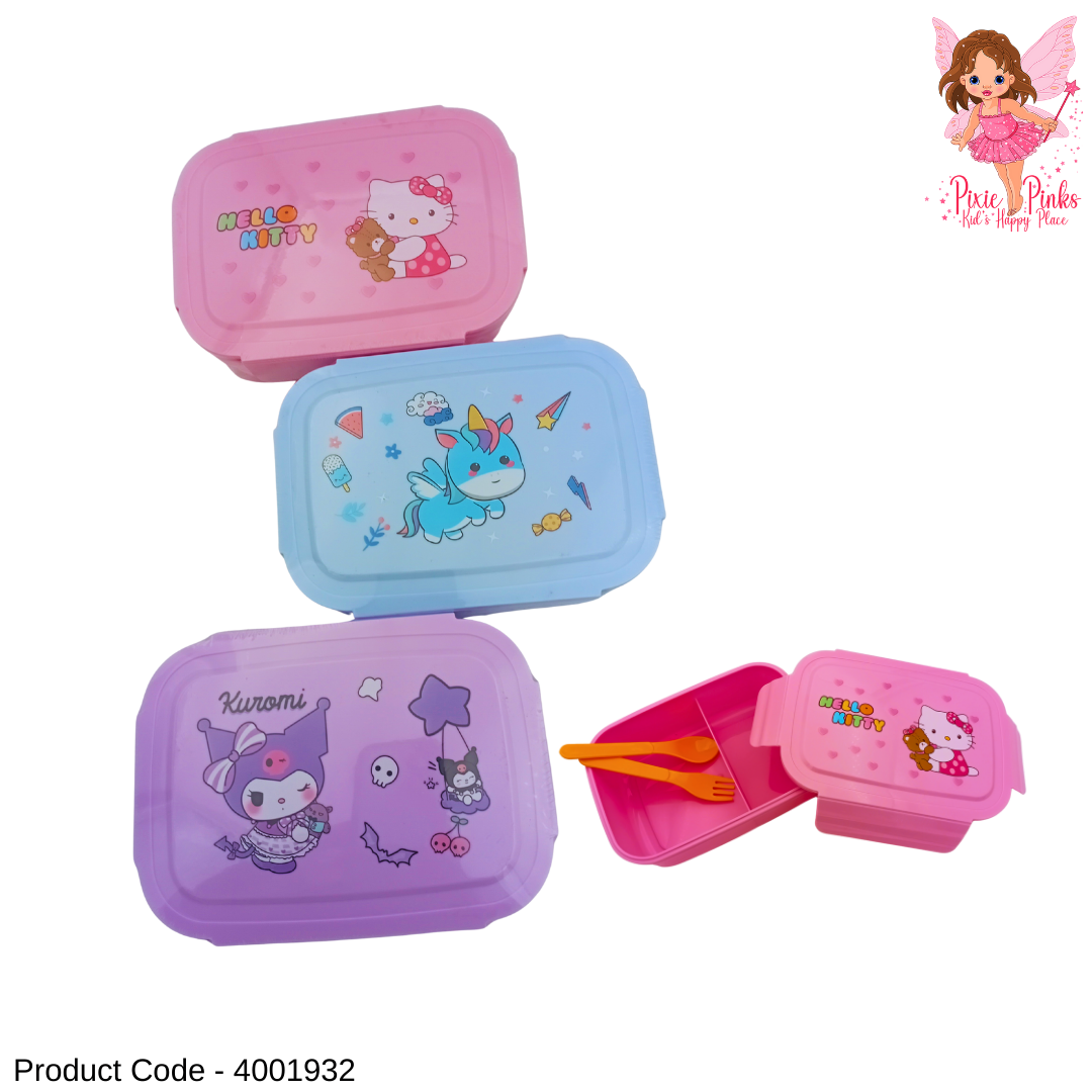 Kids Cartoon Lunch Box with Compartments, Spoon & Fork – Hello Kitty, Unicorn & Kuromi Designs