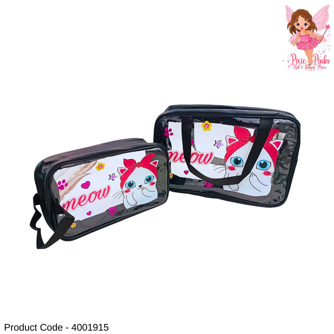 Cute Cat Print 2-Piece Wash Bag Set | Transparent Travel & Toiletry Pouch for Kids & Adults