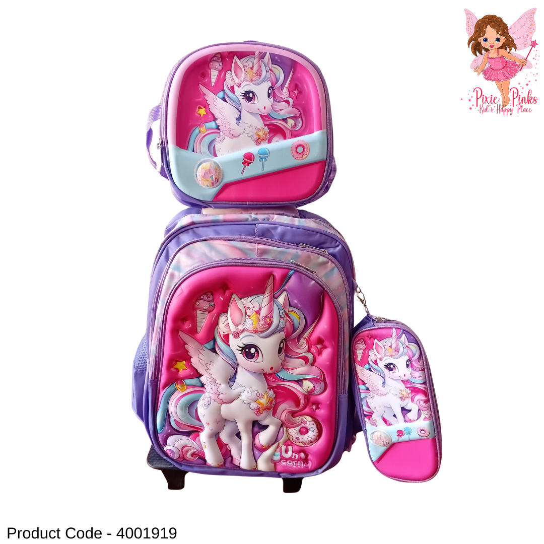Unicorn 3-in-1 Trolley School Bag Set for Kids | Rolling Backpack(3 compartments) with Lunch Bag & Pencil Case