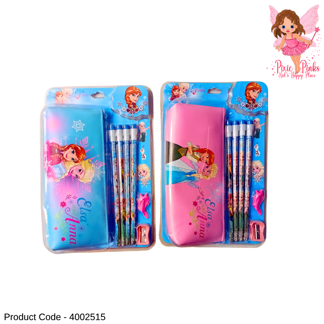 Frozen-Themed Kids Study Pack with Pencil Case, 4 Pencils, Sharpener & Eraser โ 7 Piece Stationery Set
