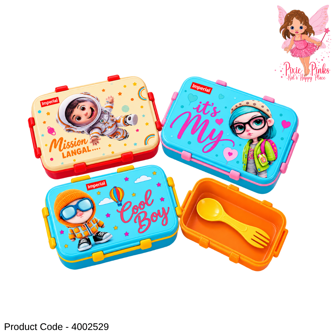1Pc Kids Imperial Meal Box with Spoon & Fork – Colourful School Lunch Box with Secure Locking Clips
