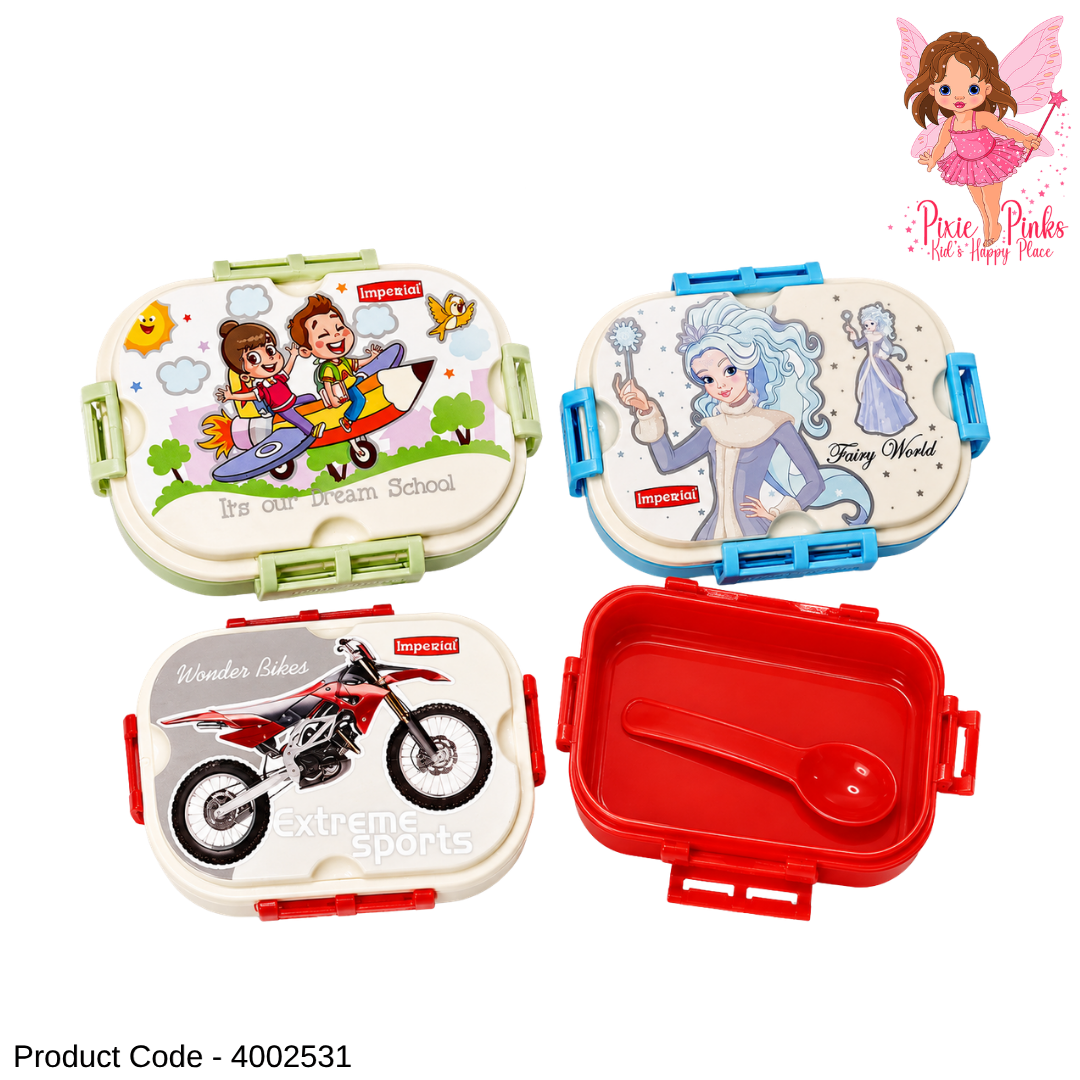 1Pc Pretty Kids Meal Box with Spoon – Colourful School Lunch Box with Secure Locking Clips