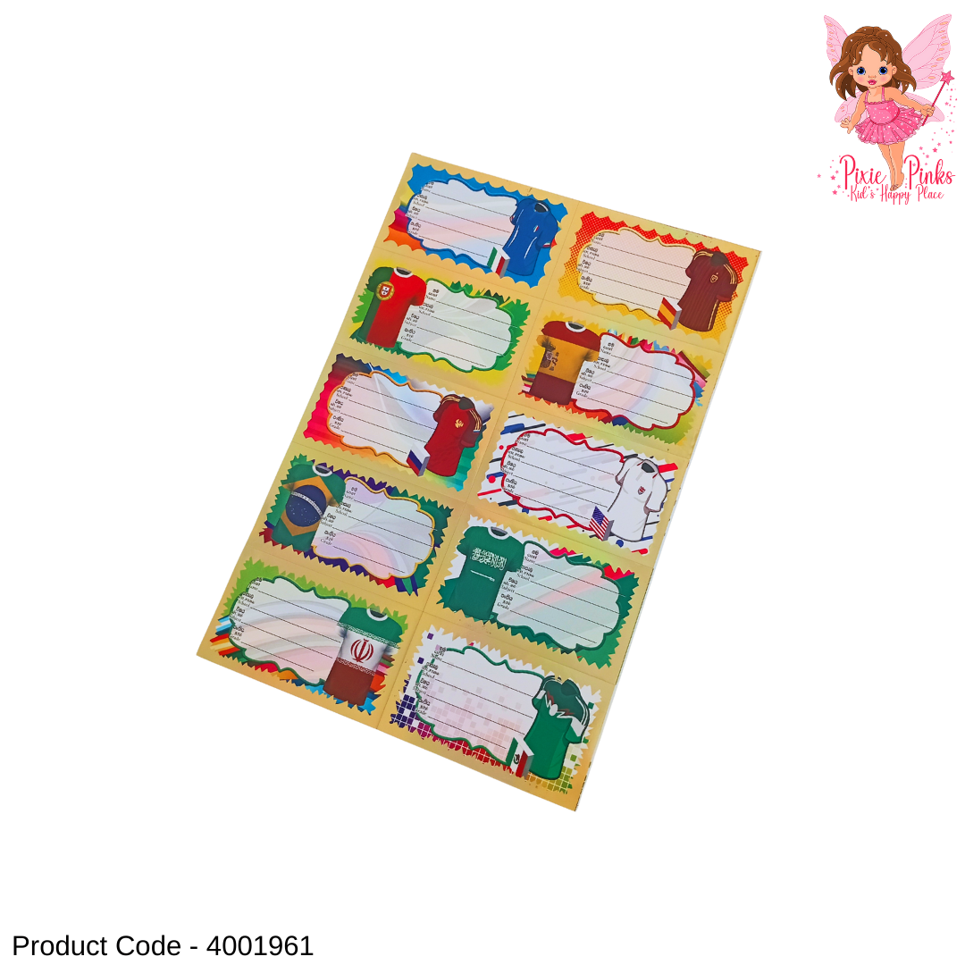 Country T-Shirt Shiny Name Sticker Cards (10 Stickers) | Kids School Label Stickers