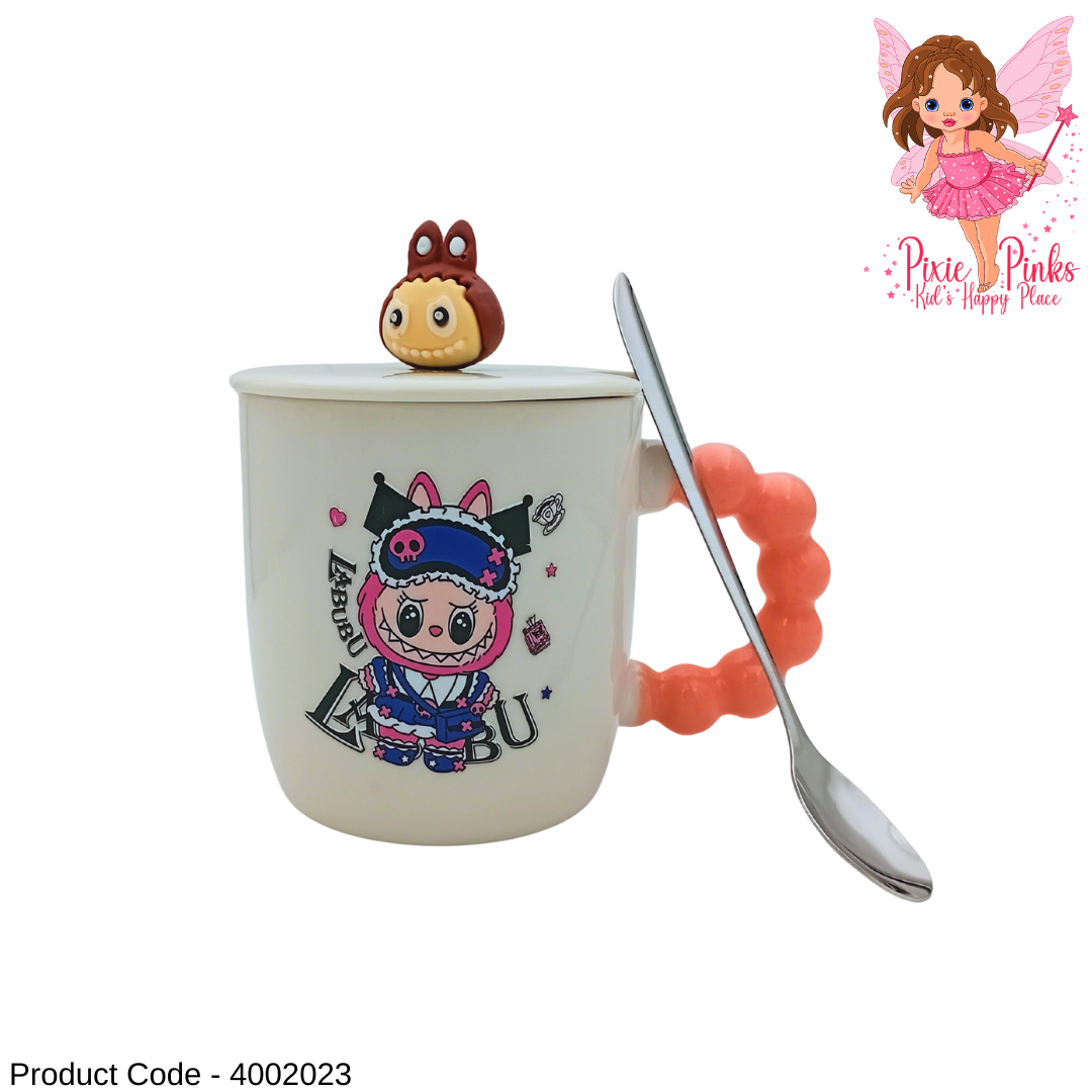 Cute Labubu Themed Porcelain Mug with Lid & Spoon – Aesthetic Coffee Cup