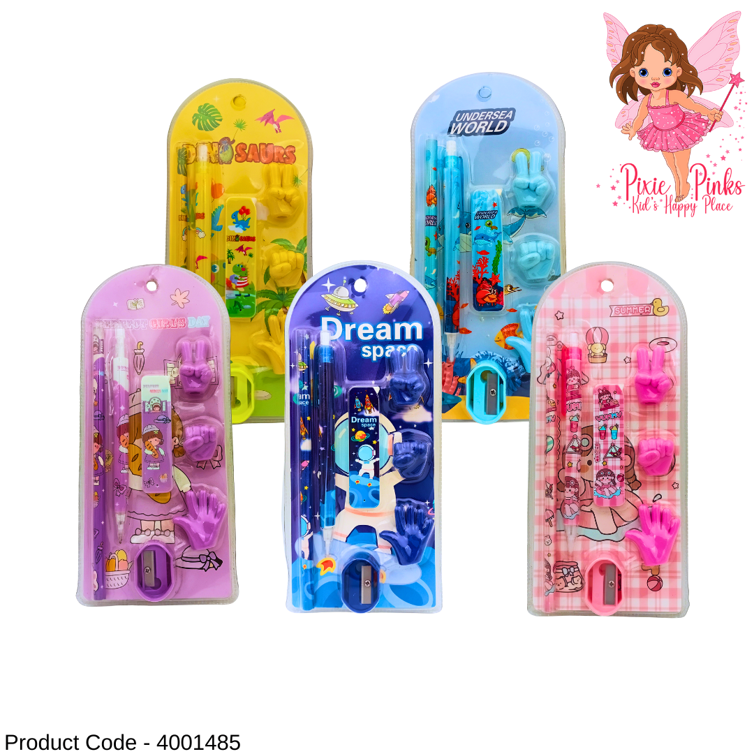 ✏️ PixiePinks 7-in-1 Stationery Set | Pencil with Interchangeable Tips, 3 Erasers & Sharpener for Kids