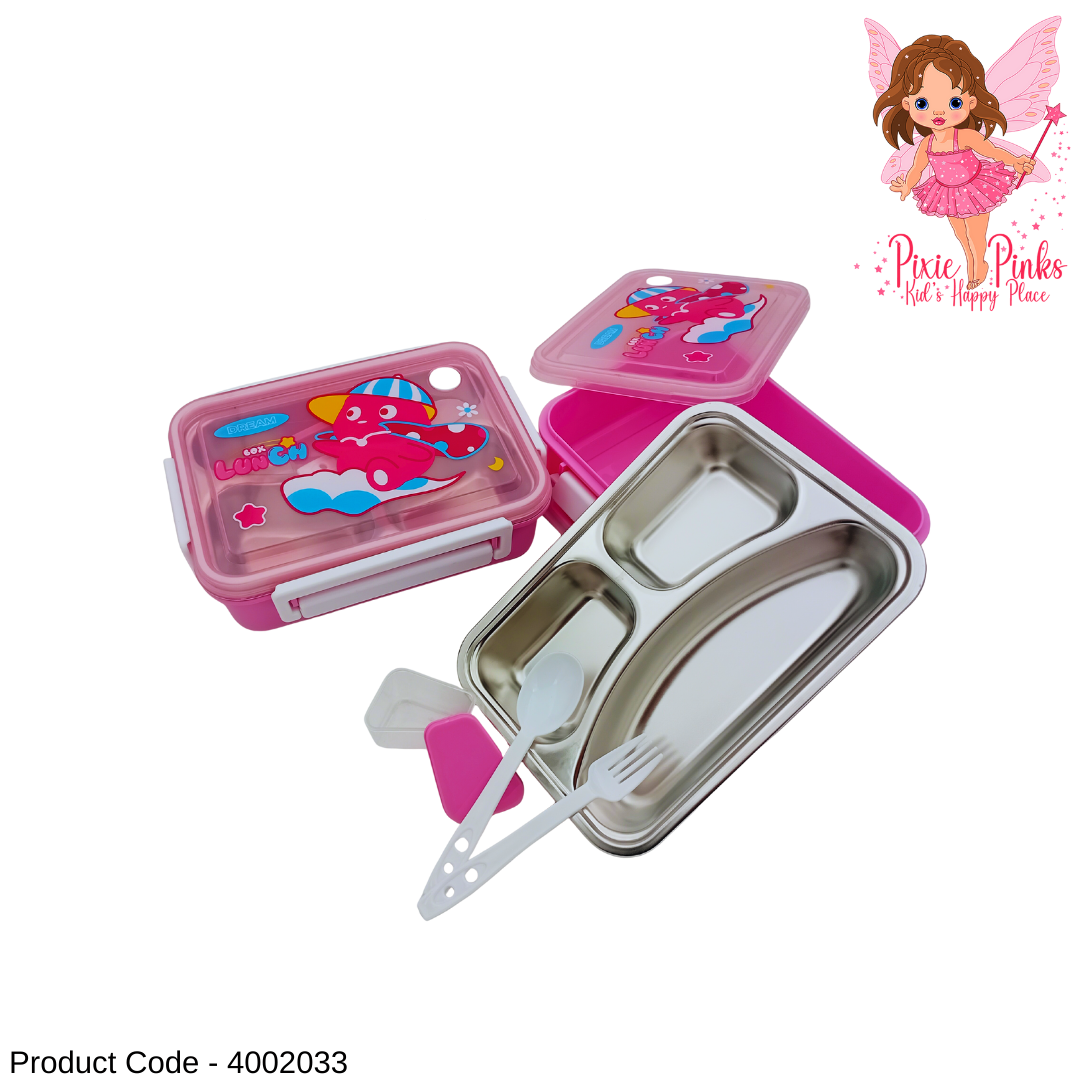 Girls Stainless Steel Lunch Box with Compartments, Spoon, Fork & Sauce Container
