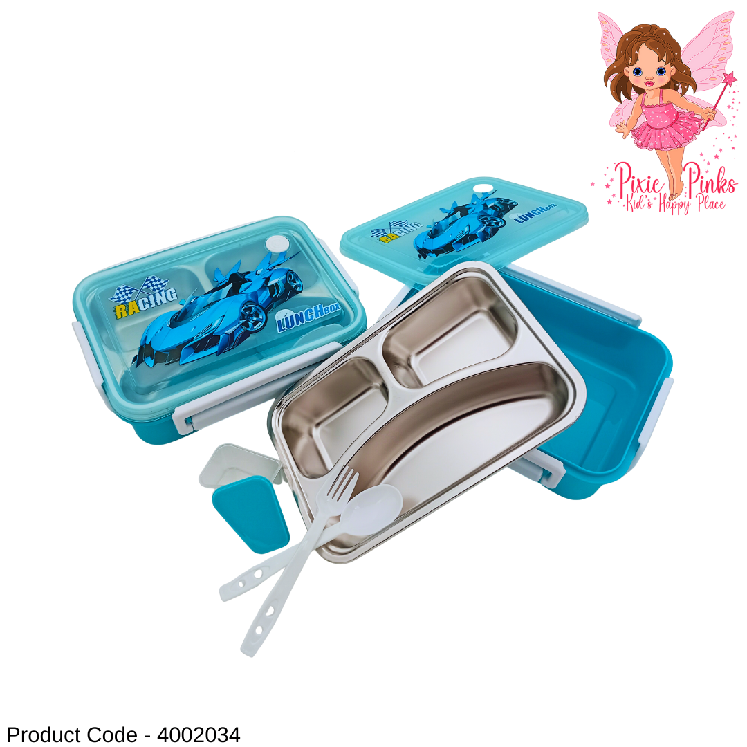 Boys Stainless Steel Lunch Box with Compartments, Spoon, Fork & Sauce Container