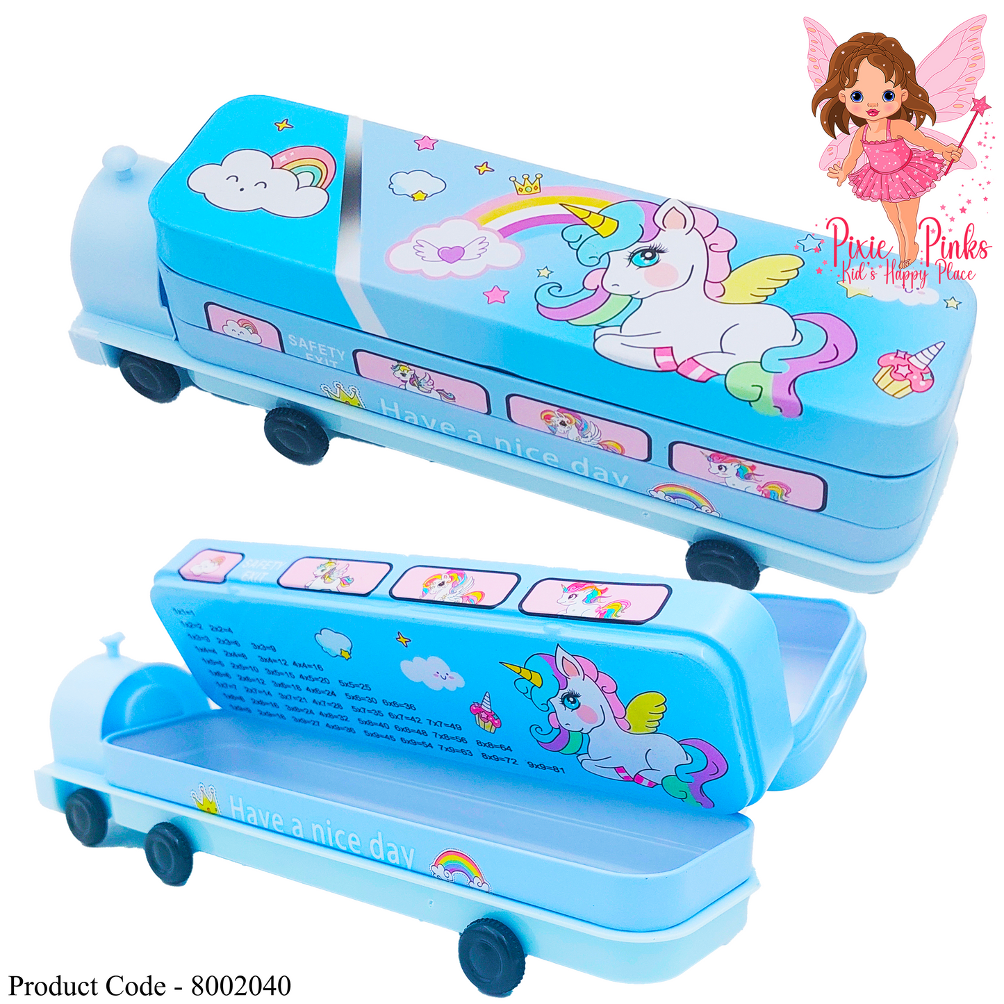 Unicorn 3 Compartment Vehicle shape Metal Pencil Box with Wheels