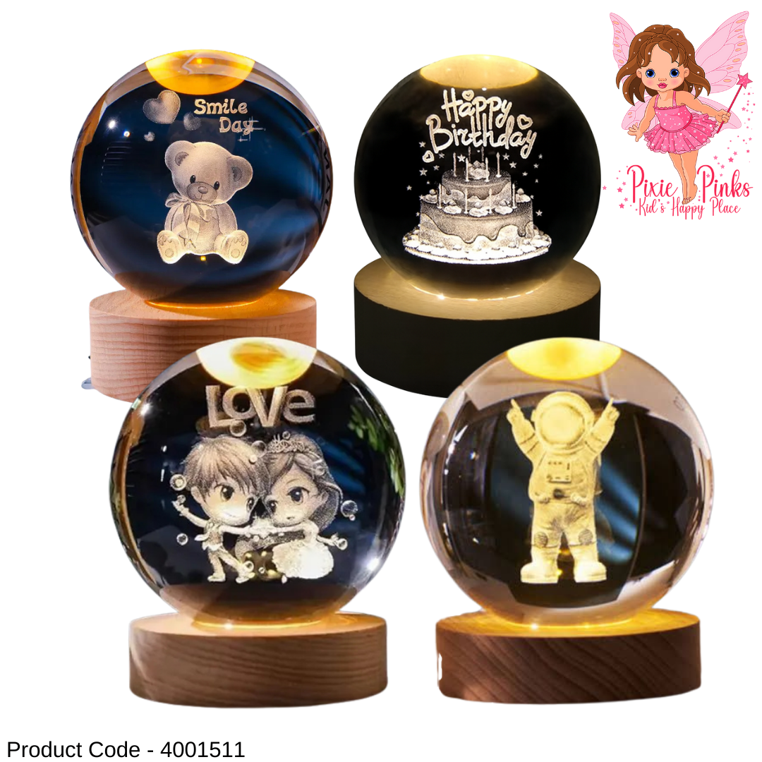 ✨PixiePinks 3D Crystal Ball LED Lamp 🌙 | Romantic Night Light with Wooden Base | Perfect Gift & Home Decor