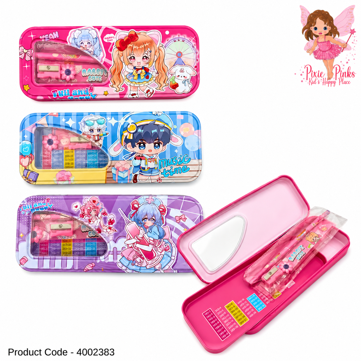 Kids Cartoon Anime Character Steel Pencil Box with Stationery Set – Metal Pencil Case with Sharpener, Ruler & School Supplies for Boys & Girls