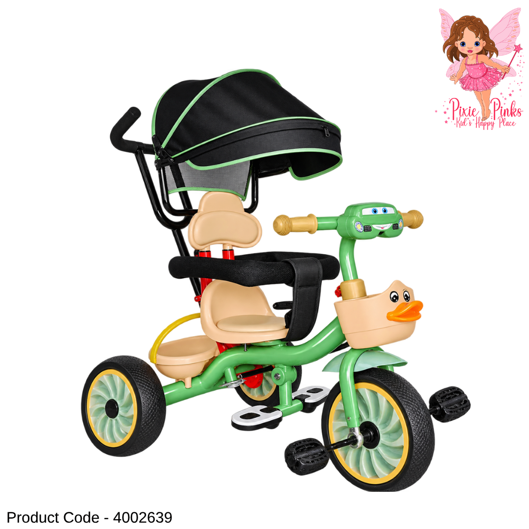 1Pc Kids Little Ducky Tricycle with Canopy, Music & Lights β 3-Wheel Toddler Pedal Tricycle β Red, Grey & Green