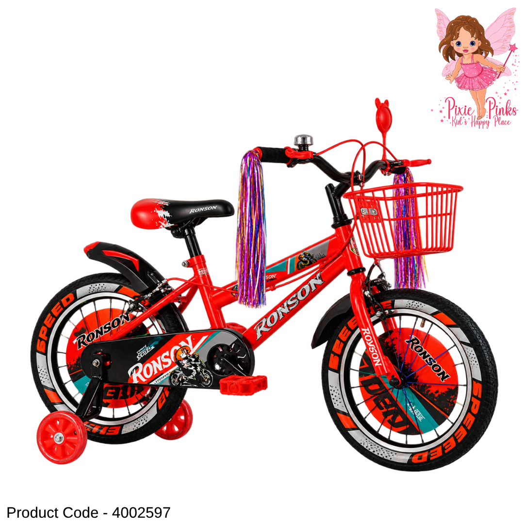 Ronson Speed Red Kids Bicycle โ 12", 16" & 20" BMX Bike with Training Wheels, Double Wall Alloy Rims, Basket, Bell, Mirror & Mudguards | 1-Year Warranty