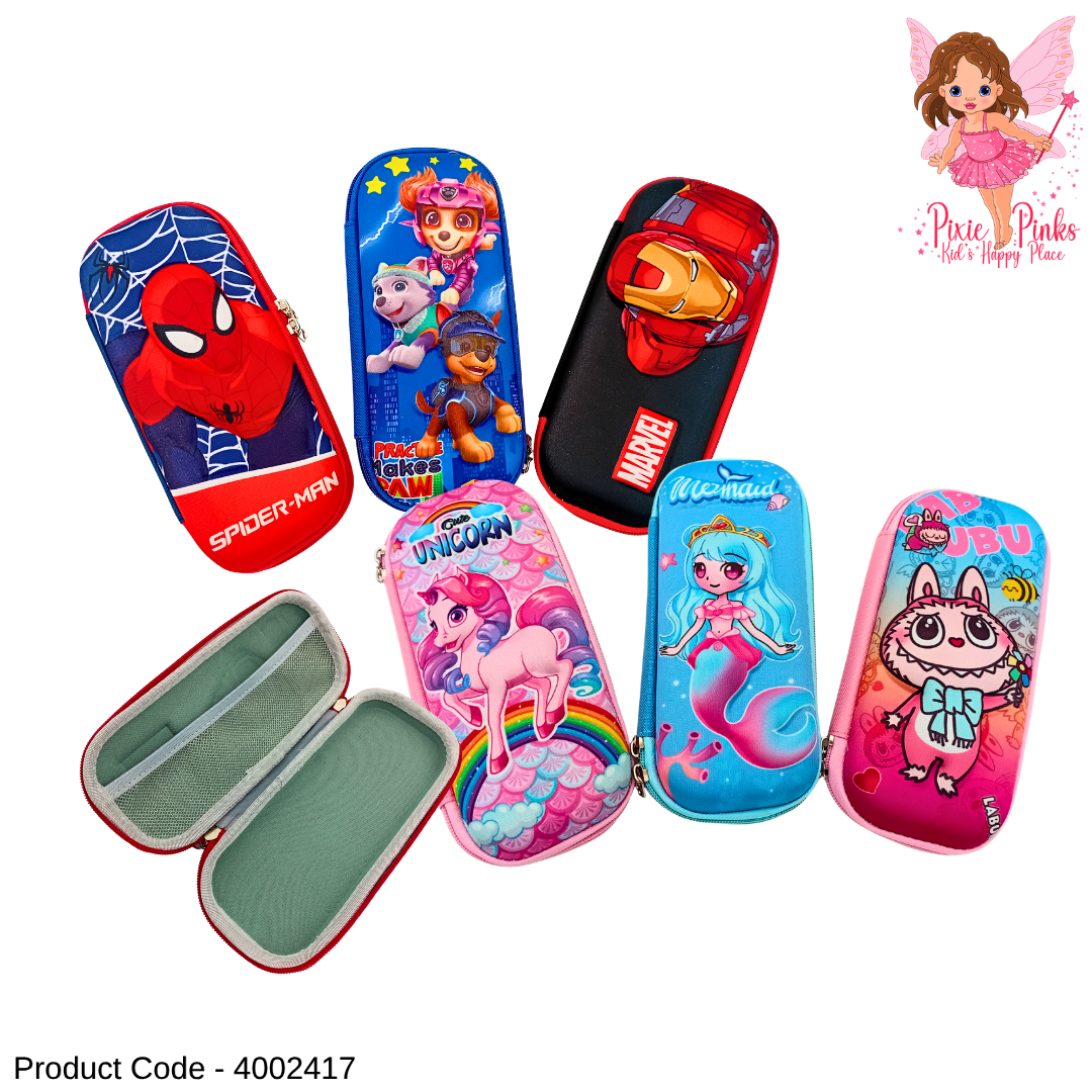 Kids Embossed Pencil Case for Boys & Girls – Hard Shell School Pencil Box with Zipper | Cartoon Character Stationery Organizer