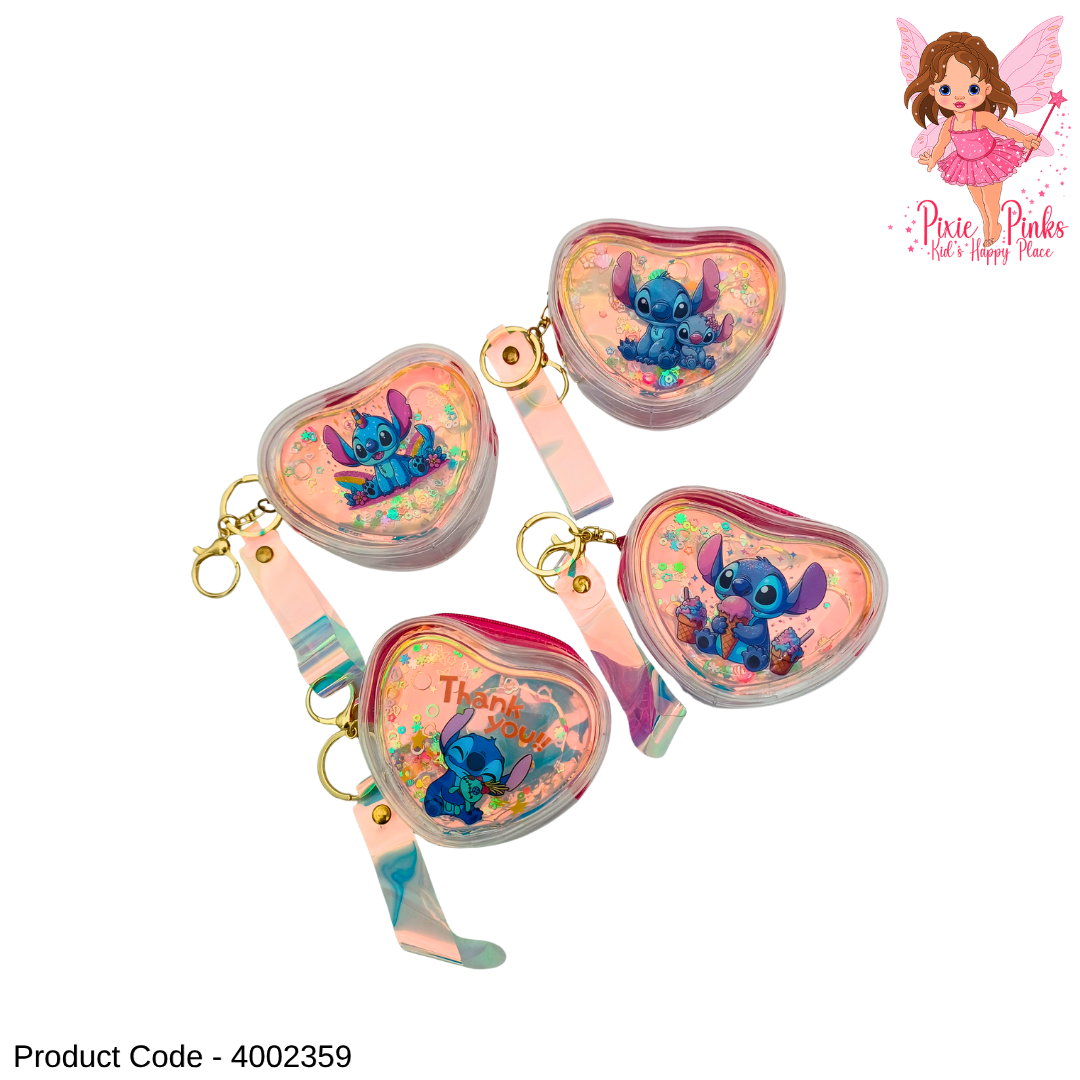 1Pc Stitch Glitter Heart Pouch for Kids – Cute Mini Coin Purse, Sparkly Cartoon Keychain Pouch