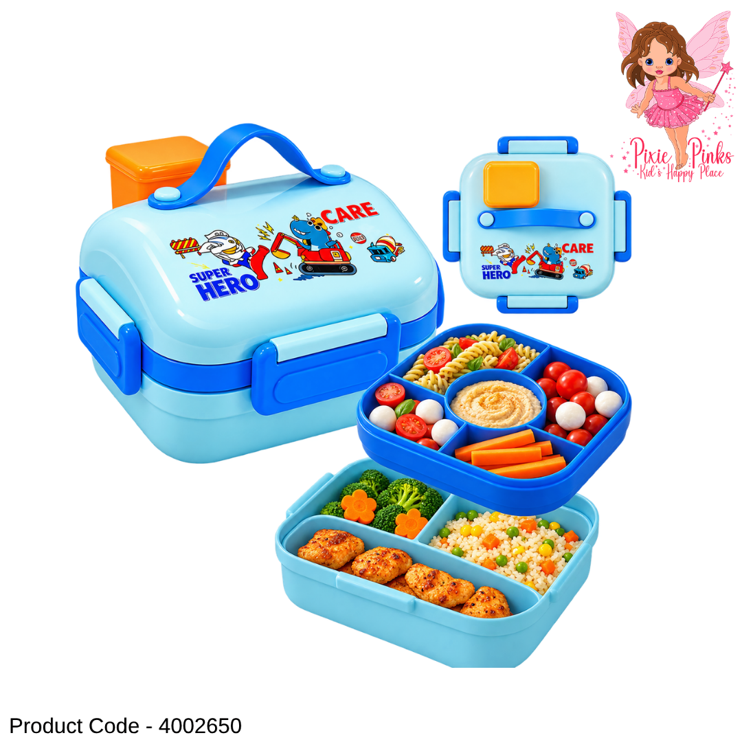 Kids Super Hero Bento Lunch Box with Spoon โ Small | Blue Compartment Food Container
