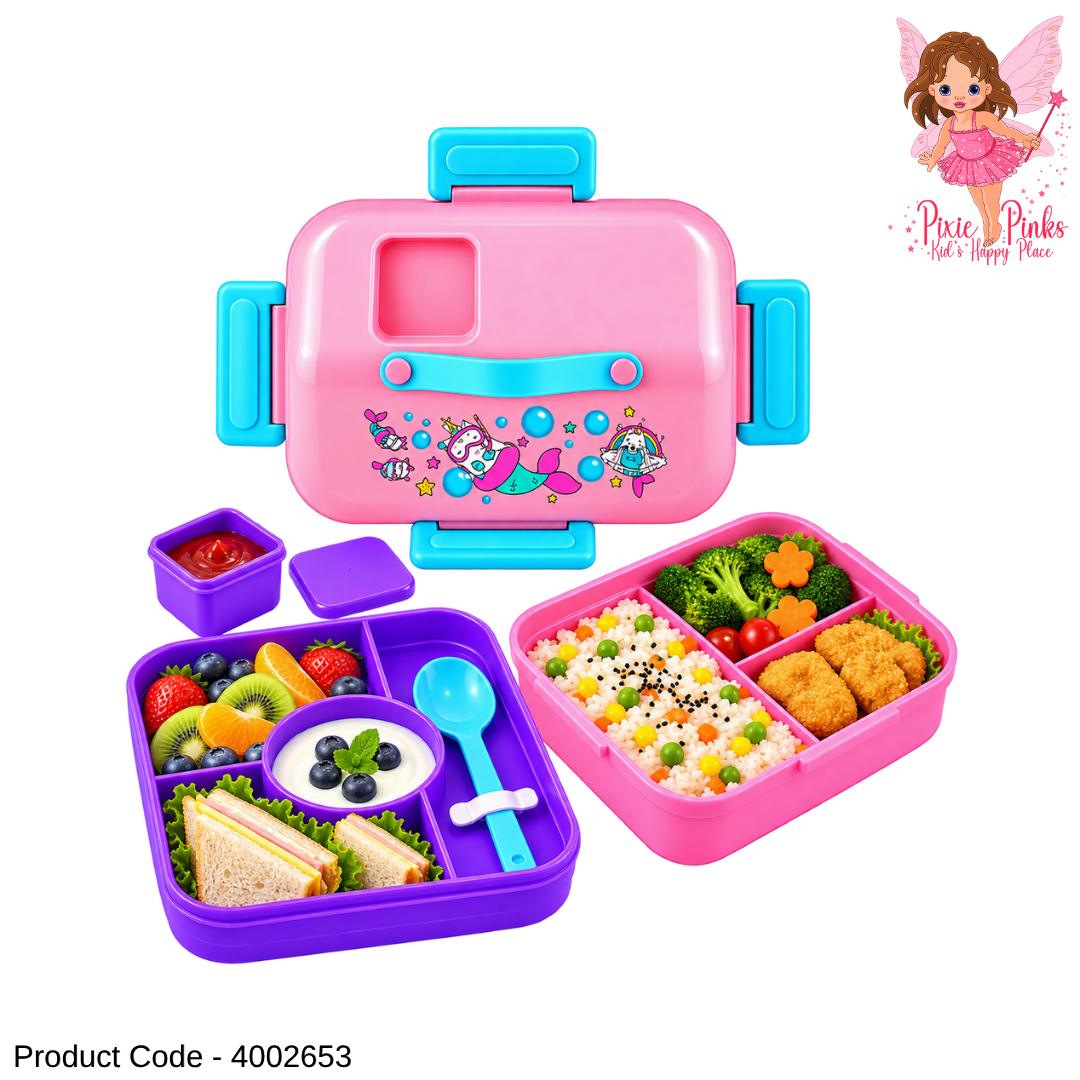 Girls Mermaid Bento Lunch Box with Spoon – Large | Pink & Purple Multi-Compartment Food Container