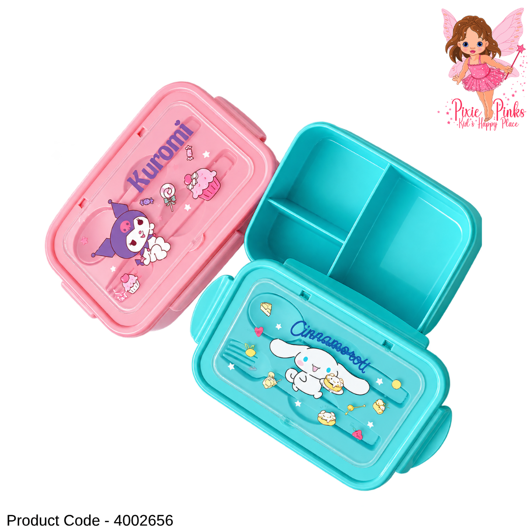 Kids Cute Cartoon Bento Lunch Box with Spoon & Fork – Multi-Compartment Food Container | Pink & Blue