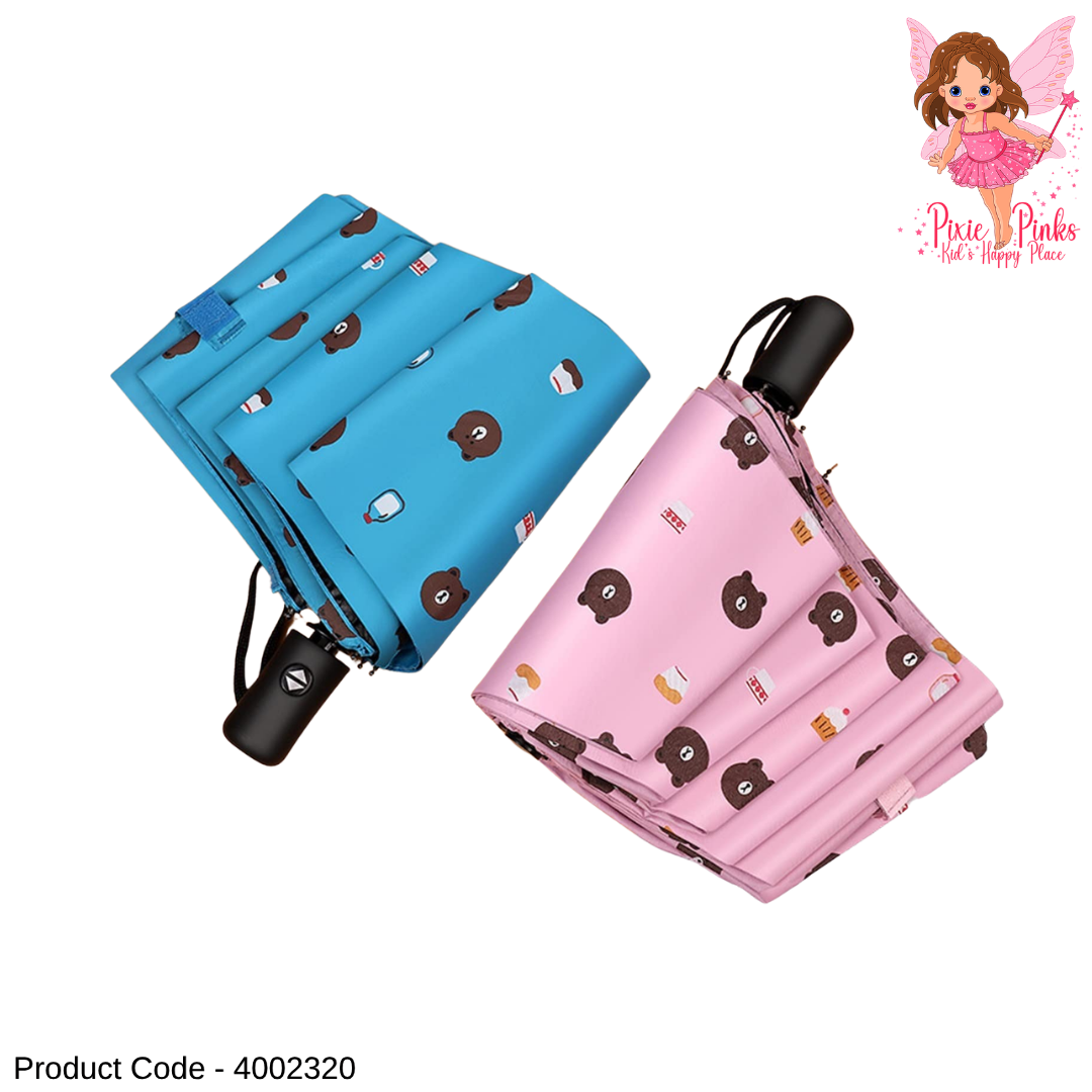 3 Fold Ladies Bear Print Umbrella – Manual Folding Compact Travel Umbrella for Women | Cute Pink & Blue Design