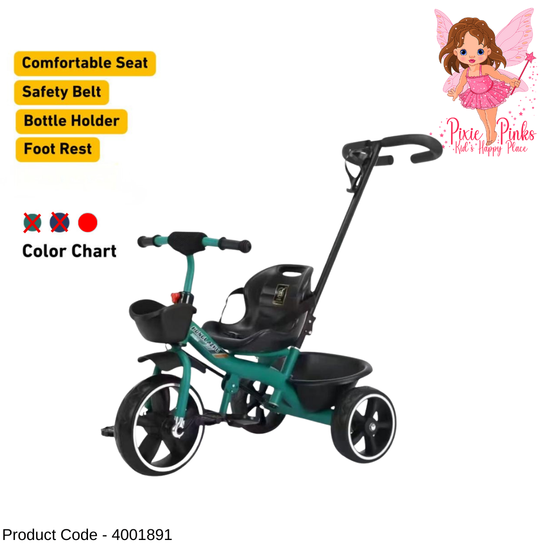 Kids Push Handle Tricycle with Safety Belt, Foot Rest & Storage Baskets