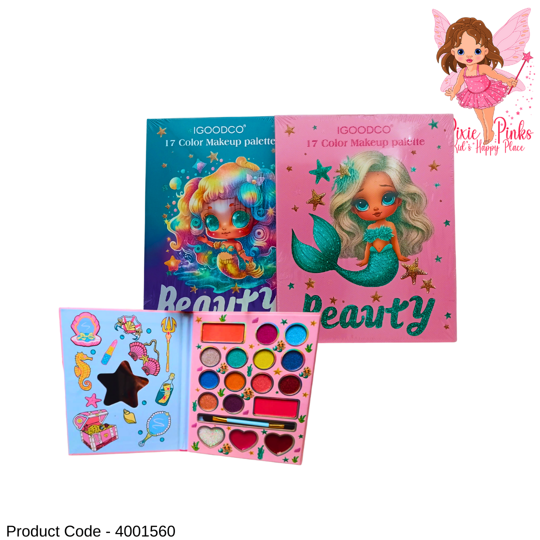PixiePinks 17-Color Kids Beauty Makeup Palette – Fun Mermaid Theme Cosmetic Set for Girls
