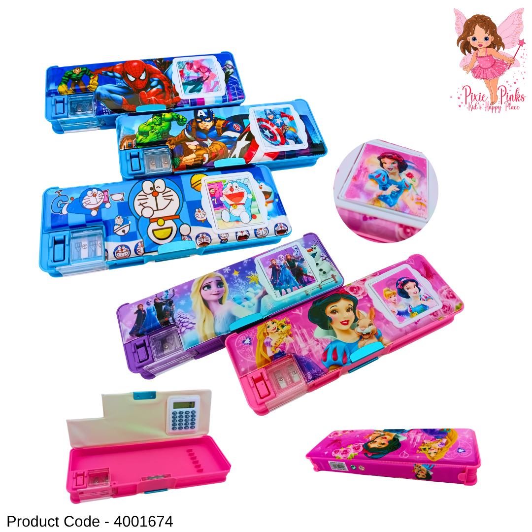 Kids Multifunctional Pencil Box with Calculator & Rotating Image Gadget β Fun & Practical Stationery Organizer