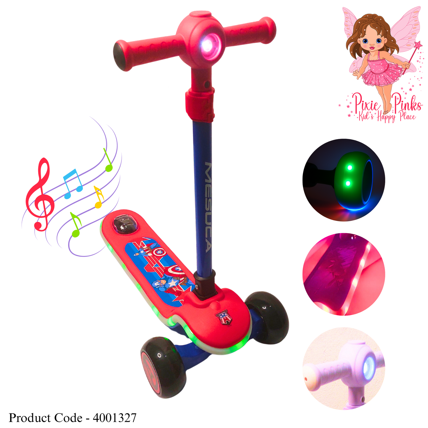 Pixie Pinks Superhero Musical Light-Up Scooter – Red & Blue Edition