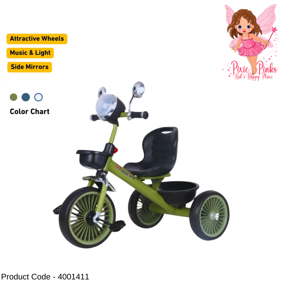 PixiePinks “Light & Ride” Kids Tricycle with Music, Side Mirrors & Storage