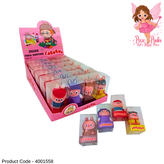 PixiePinks Labubu 2-in-1 Eraser & Sharpener – Cute Cartoon Stationery for Kids