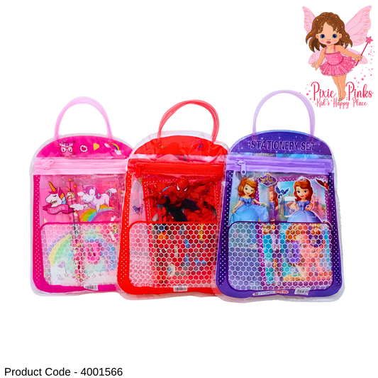 PixiePinks Kids Stationery Bag – Cute Notebook, Pencils, Ruler, Eraser & Sharpener in Fun Cartoon Designs
