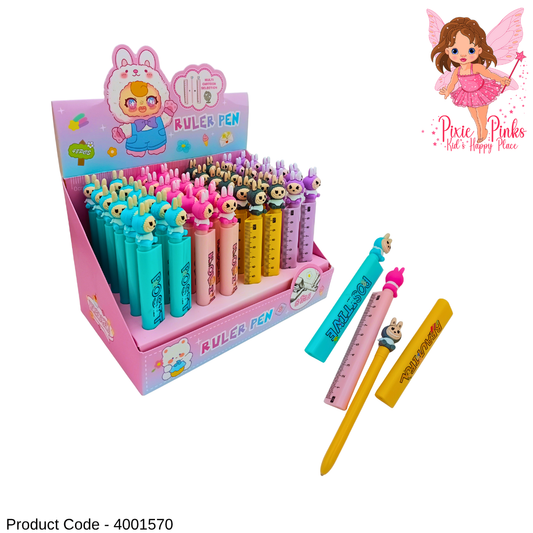 PixiePinks Labubu Ruler Pen – Cute Cartoon 2-in-1 Pen with Ruler Cap for Kids