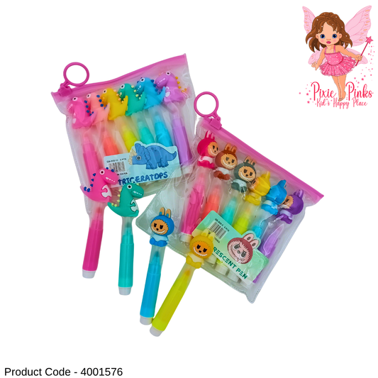 PixiePinks Dinosaur & Labubu Themed Mini Platinum Pen Set – 6 Vibrant Colors for Kids & School